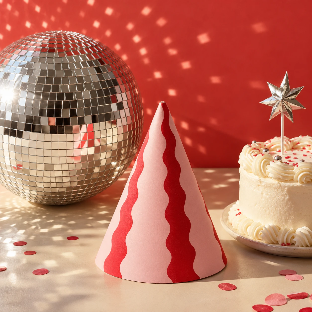 Silberne Discokugel und rote Partyaccessoires mit glänzenden Details