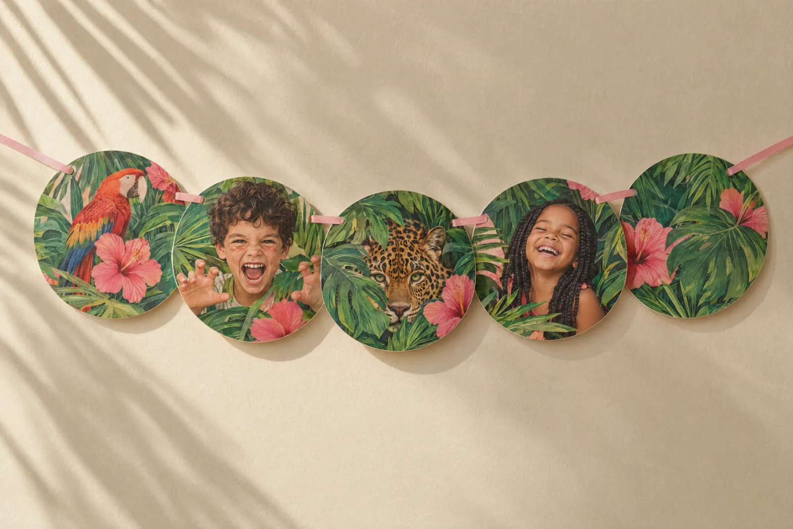 Runde tropische Girlande mit Kinderporträts, Papagei, Leopard und Blüten