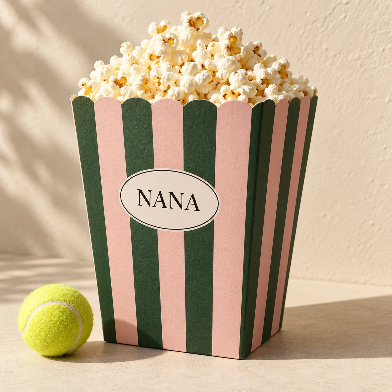 Detail einer personalisierten Popcornbox mit Nana Schriftzug und rosa grünen Streifen